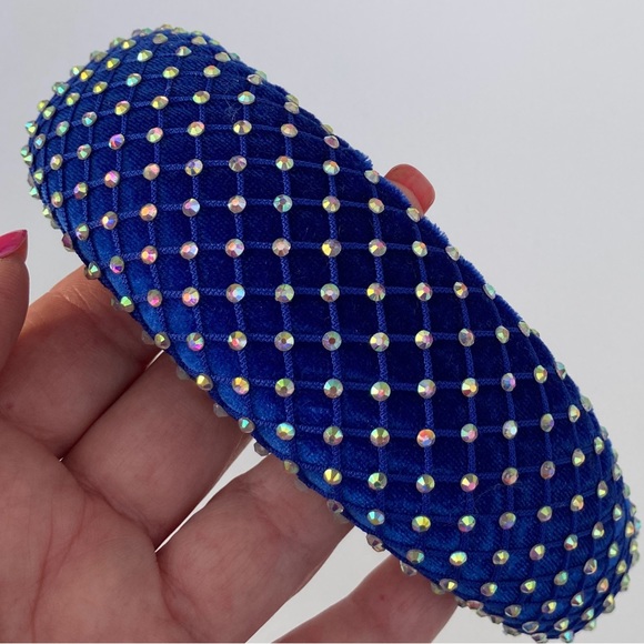 Blue Padded 1.5” Headband with Rhinestone-Adorned Mesh Overlay Handmade - Picture 5 of 10